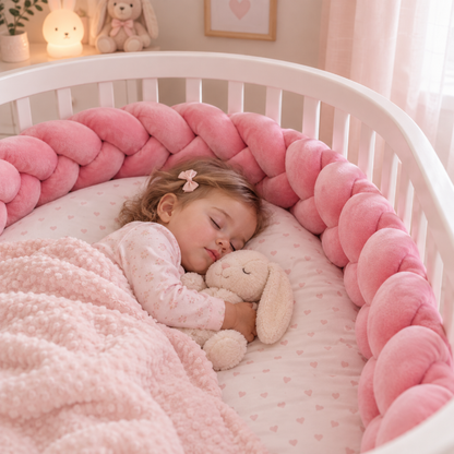 Fillette dort dans son lit avec tresse de lit bebe rose