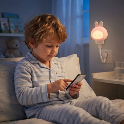 garçon ajuste avec télécommande son lapin veilleuse