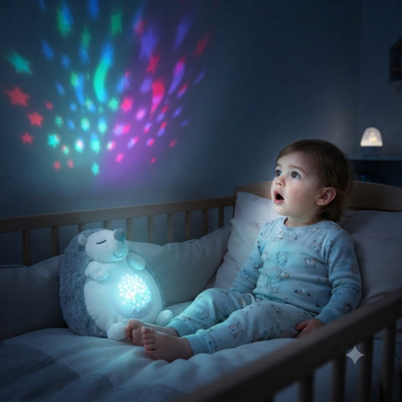 garçon impressionné par veilleuse projection bebe