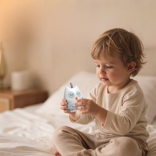 garçon manipule veilleuse bruit blanc bébé