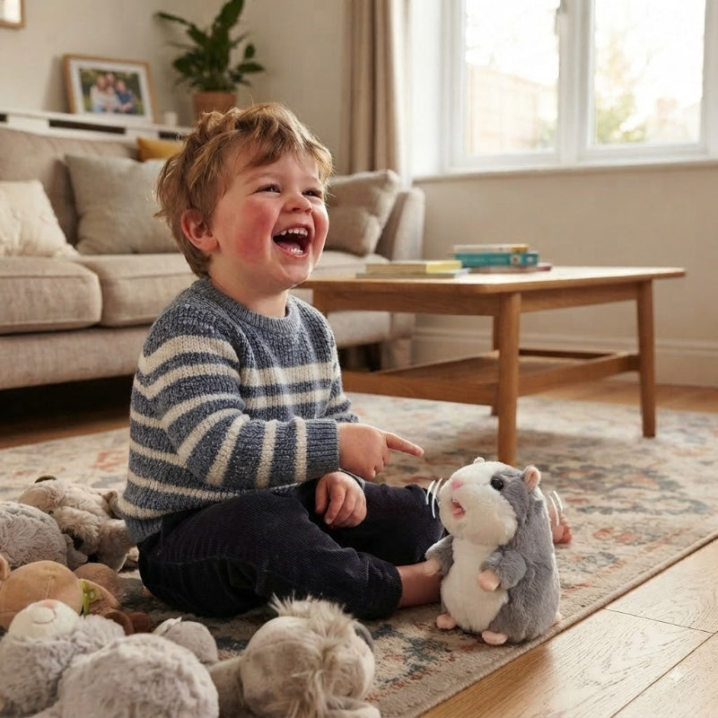 garcon rit avec hamster peluche interactive