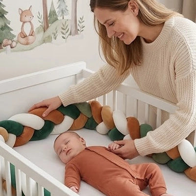 Jeune bébé dans berceau avec tour de lit tresse et maman