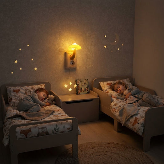 jumeaux qui dorment avec veilleuse murale champignon
