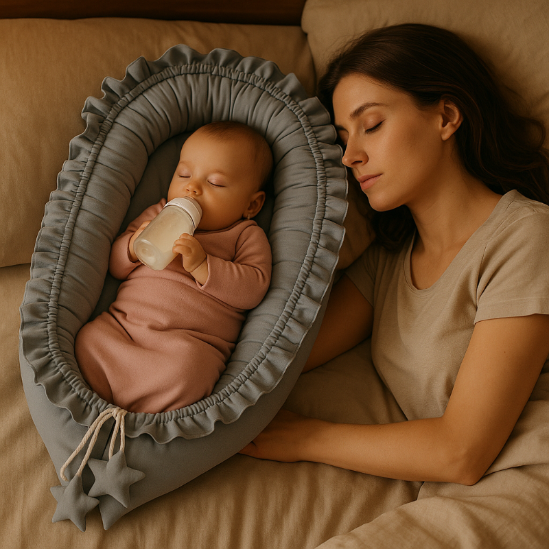 Maman dort en cododo avec son bébé dans son reducteur de lit.