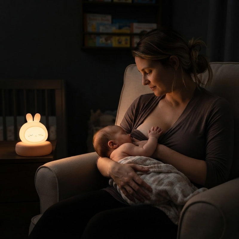 Maman allaite bébé avec lapin veilleuse