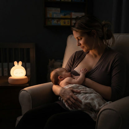 Maman allaite bébé avec lapin veilleuse
