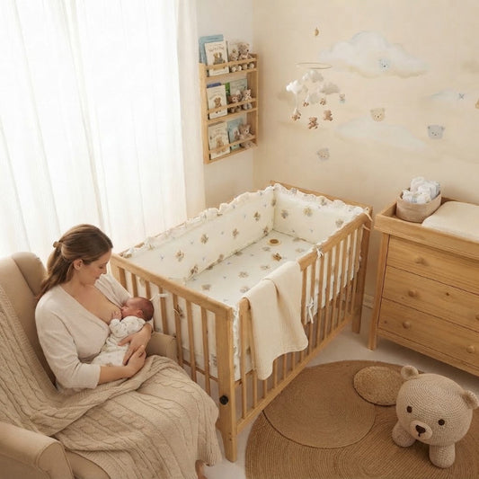 Maman allaite bébé dans le fauteuil à côté du tour de lit ourson