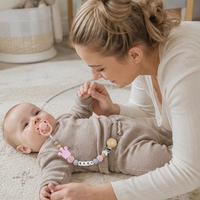 maman amuse bébé avec attache tétine