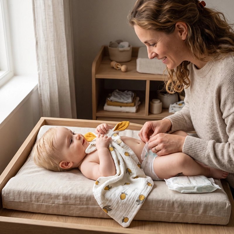 Maman avec bébé sur table à langer et lapin doudou