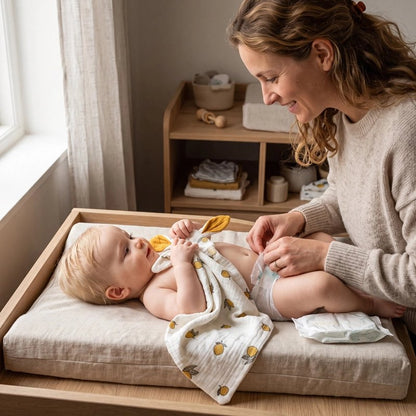 Maman avec bébé sur table à langer et lapin doudou