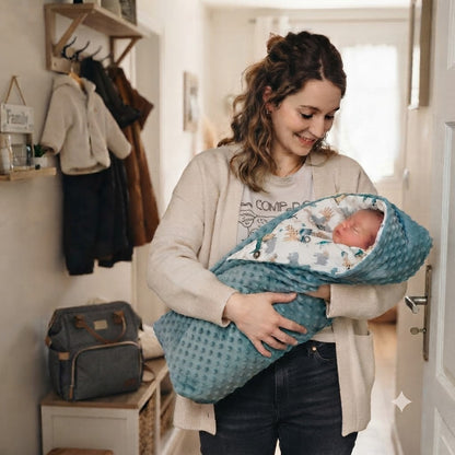 maman avec son nouveau-né dans son nid d'ange qui se prépare à sortir