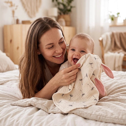 Maman, bébé lapin doudou et sourire