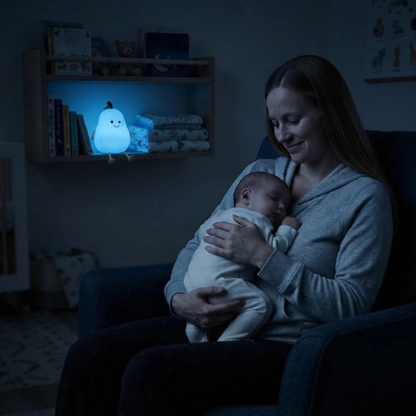 Maman berce bébé avec la lumière bleue de la veilleuse poire