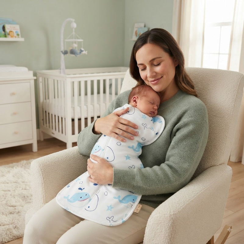 Maman berce bébé qui dort dans tog gigoteuse