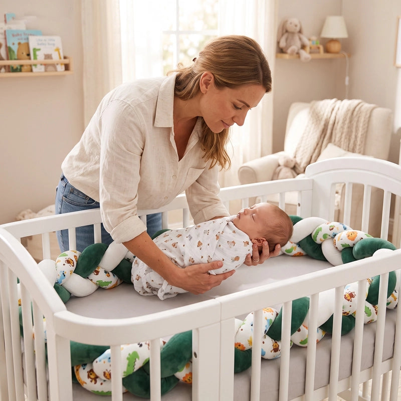 Maman couche bébé dans berceau avec tresse de lit bebe