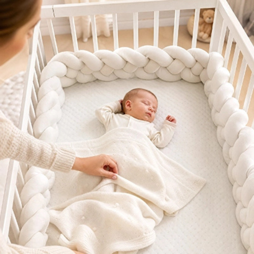 Maman couvre bébé dans le berceau protégé, tresse de lit