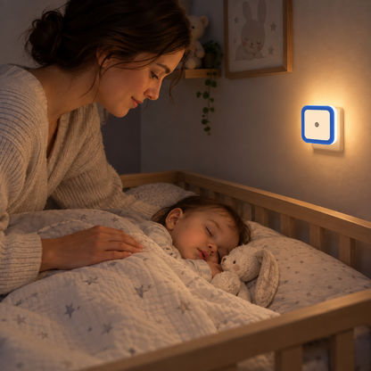 Maman couvre bébé qui dort avec sa veilleuse murale