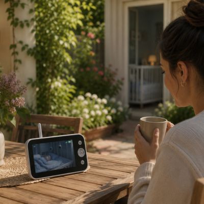 Maman dehors prend café surveille bébé avec meilleur babyphone