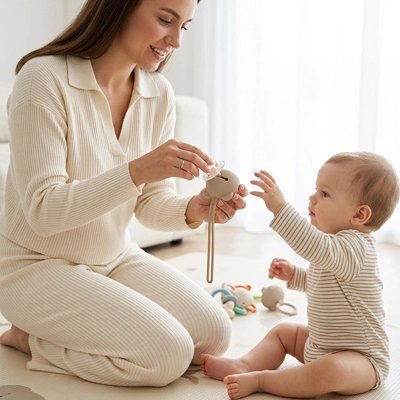 Maman donne sucette à bébé sortie de porte sucette