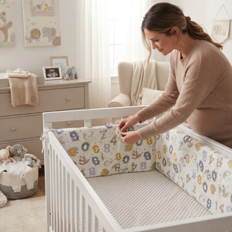 Maman enceinte fixe tour de lit bebe dans berceau