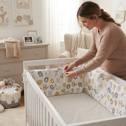 Maman enceinte fixe tour de lit bebe dans berceau