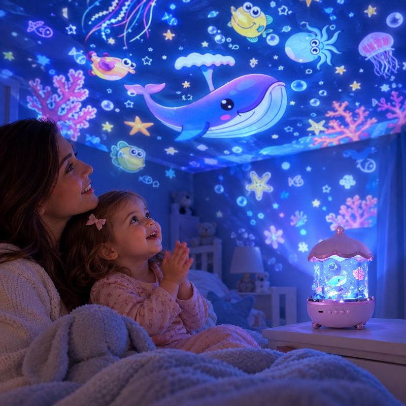 Maman et fille applaudissent la veilleuse projection