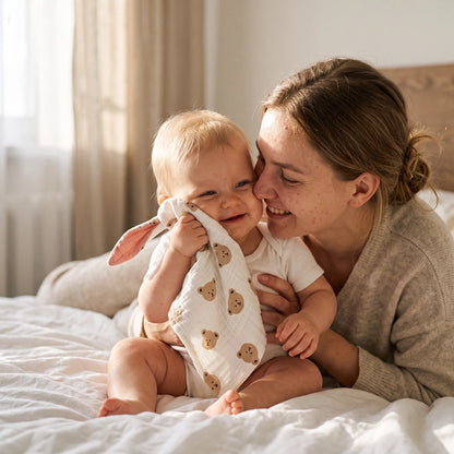 Maman fait rire bébé avec le lapin doudou