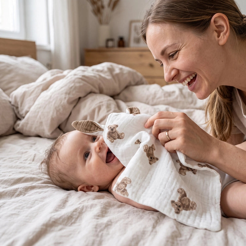 Maman fait rire bébé avec le lapin doudou