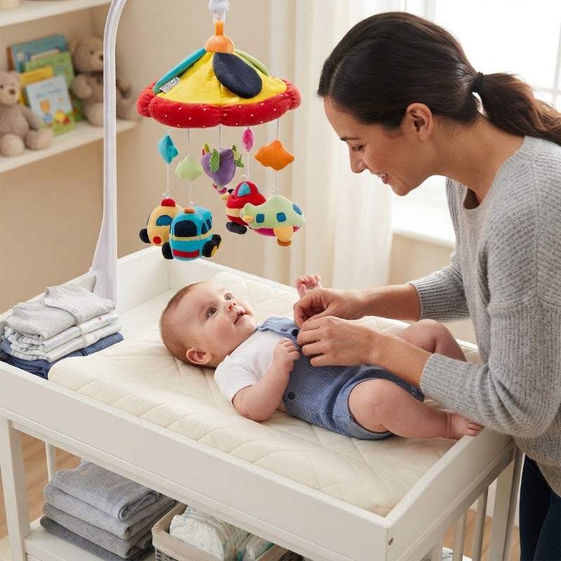 maman habille bébé sous mobile musical bebe