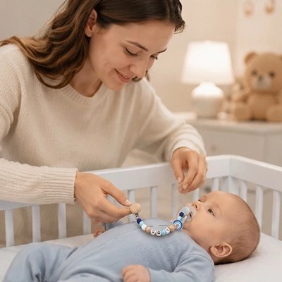 Maman installe attache sucette sur bébé