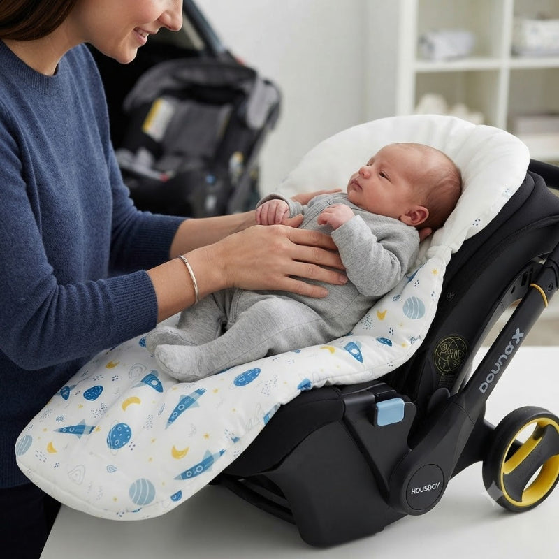 Maman installe bébé dans son nid d Ange siege auto pour promenade en voiture