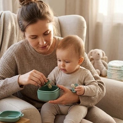 Maman montre à bébé comment utiliser porte sucette