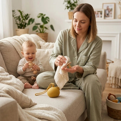 Maman nettoie la sucette bebe panda avec bébé