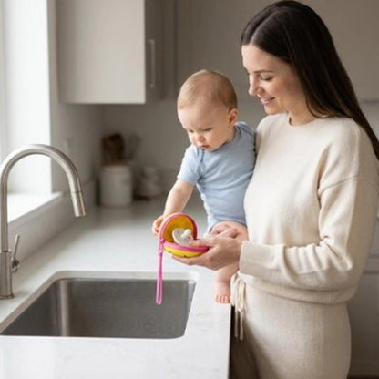Maman nettoie tetine et la range dans boite tétine avec bébé bras