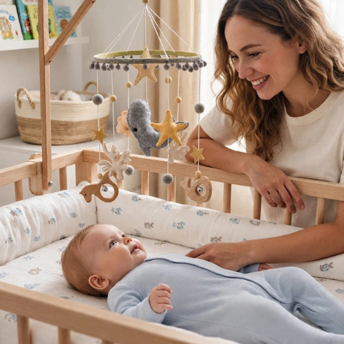 Maman observe bébé qui découvre son mobile bebe