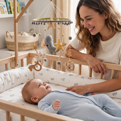 Maman observe bébé qui découvre son mobile bebe