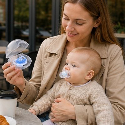 Maman ouvre la boite à tétine devant bébé