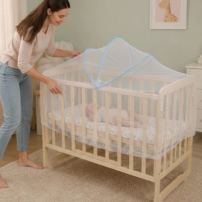 Maman place le moustiquaire bebe lit sur berceau pour bébé
