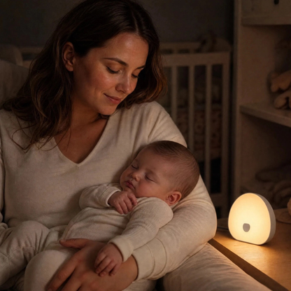 Maman porte bébé qui dort avec veilleuse bébé bruit blanc