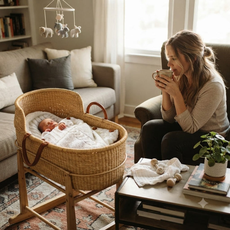 Maman prend son café au salon et bébé dort dans un couffin dans son nid d'ange bébé blanc