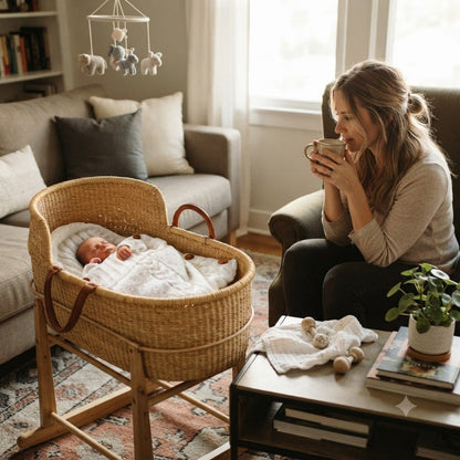 Maman prend son café au salon et bébé dort dans un couffin dans son nid d'ange bébé blanc
