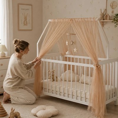maman qui attache le ciel de lit enfant