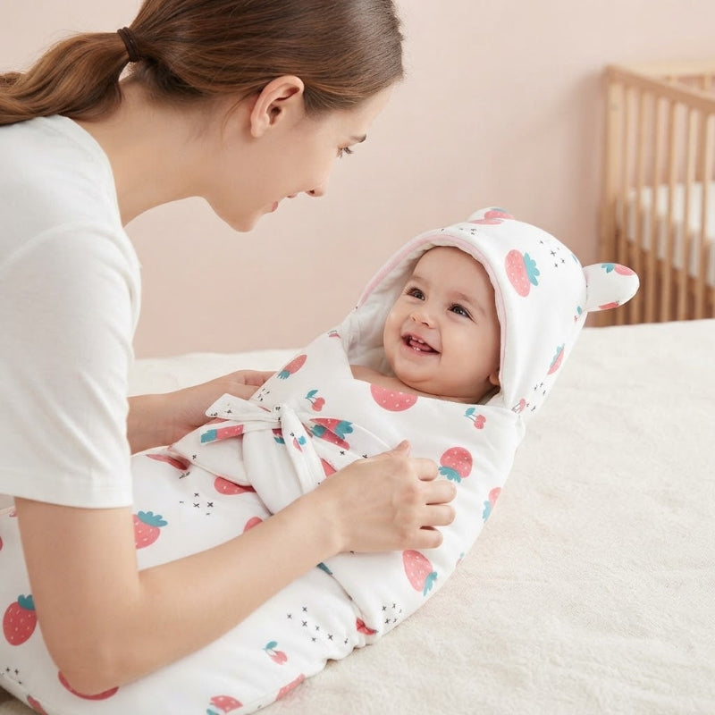 Maman qui habille bébé souriant dans son nid d'ange motif frais