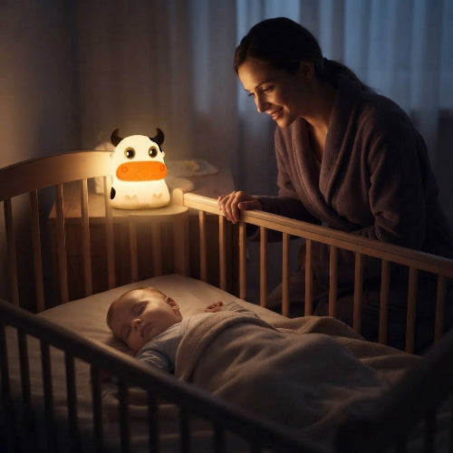 Maman qui regarde bébé qui dort avec veilleuse à LED vache