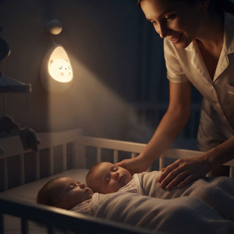 Maman qui vient voir les jumeaux allumés par veilleuse pour bebe