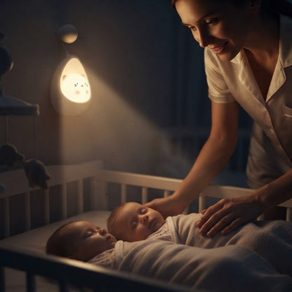 Maman qui vient voir les jumeaux allumés par veilleuse pour bebe
