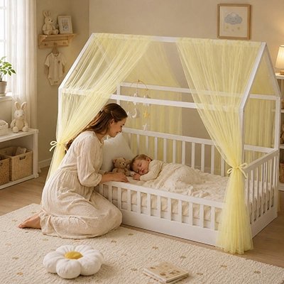 maman réveil sa fille dans son lit couvert d'un ciel de lit jaune