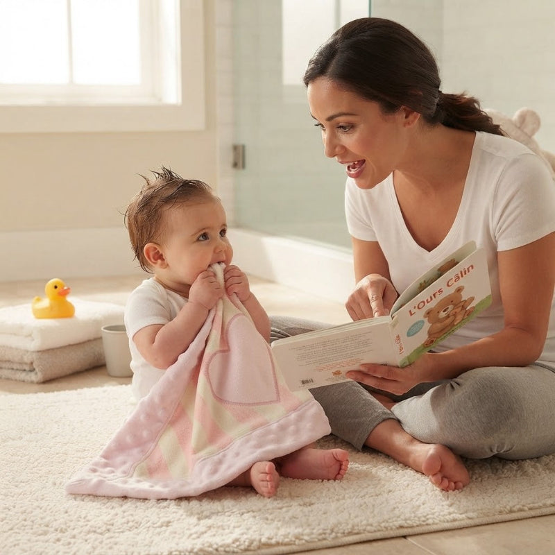 Maman raconte l'histoire bébé avec couverture bébé naissance