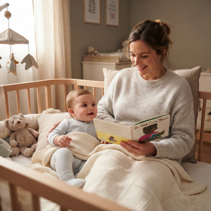Maman raconte une histoire à bébé avec sa couverture bebe tricot