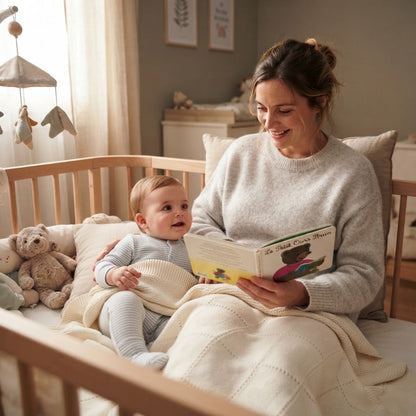 Maman raconte une histoire à bébé avec sa couverture bebe tricot